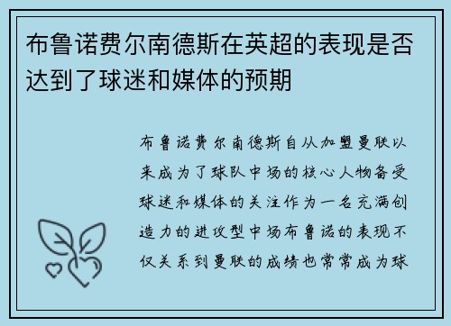 布鲁诺费尔南德斯在英超的表现是否达到了球迷和媒体的预期